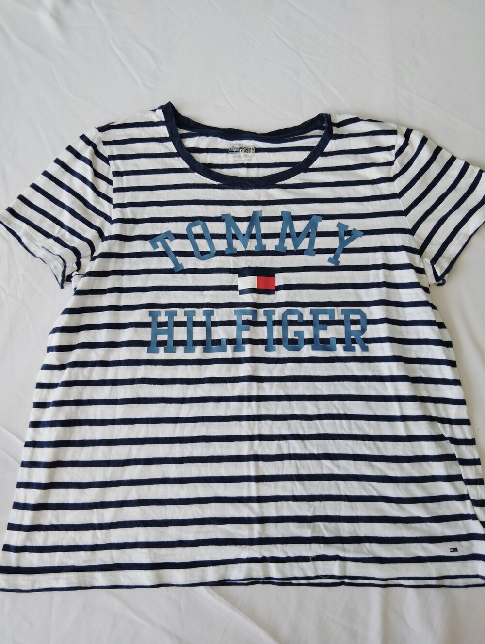 Tommy Hilfiger White & Navy Striped Logo Short Sleeve Tee XL